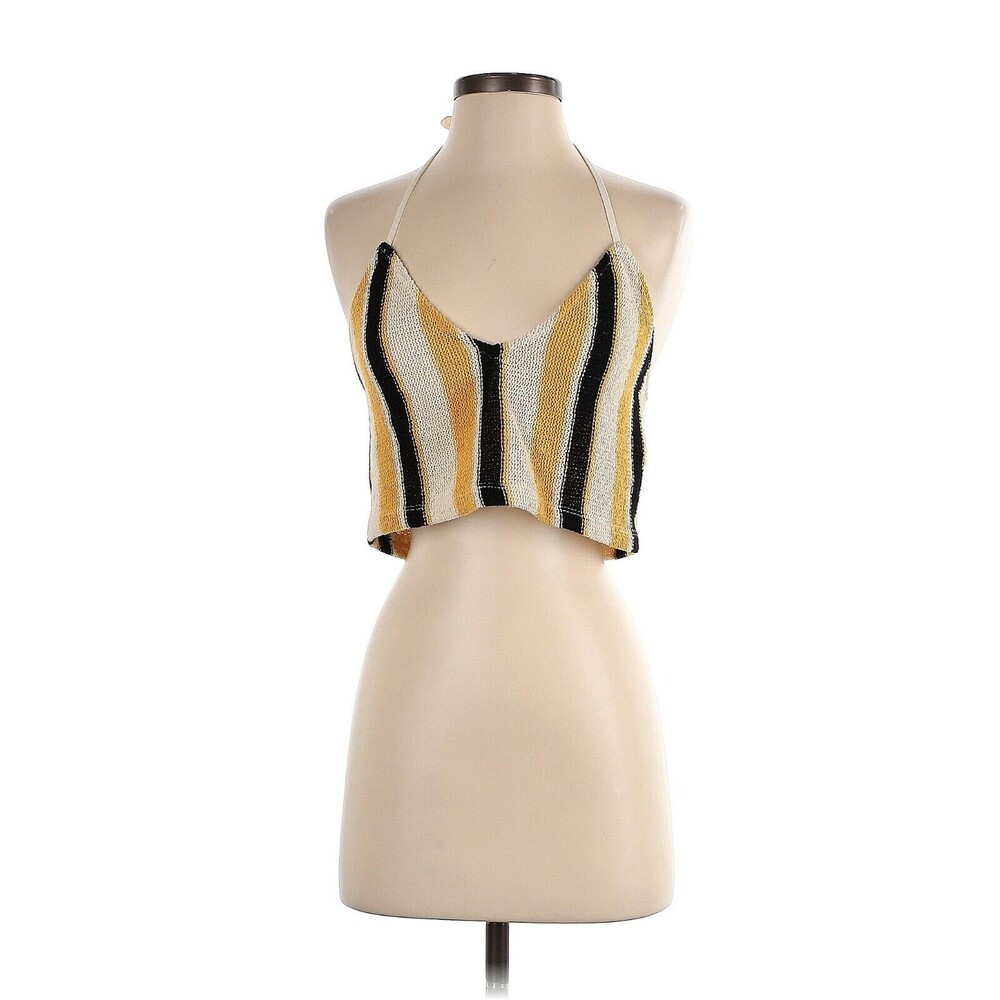 Zara Womens Small Crop Top Striped Vneck Rustic Halter Gold Sleeveless Crochet